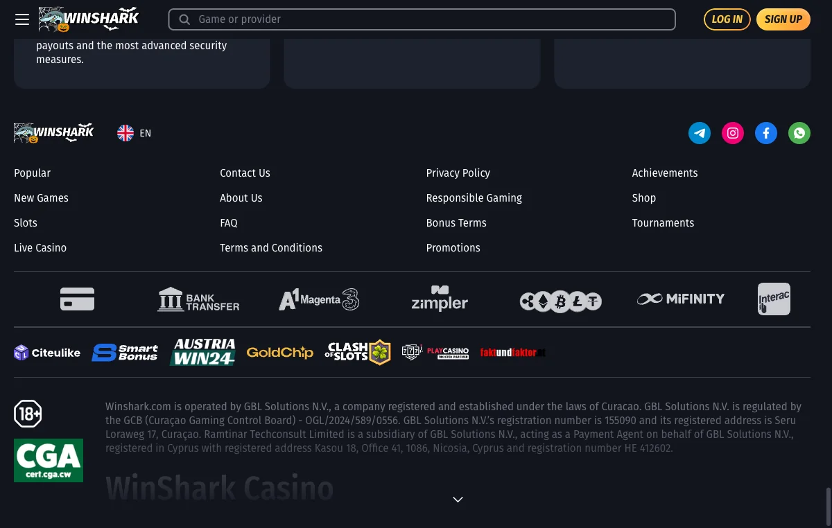 WinShark Casino payment methods strip for Canada showing the Interac mark beside crypto, MiFinity and Zimpler