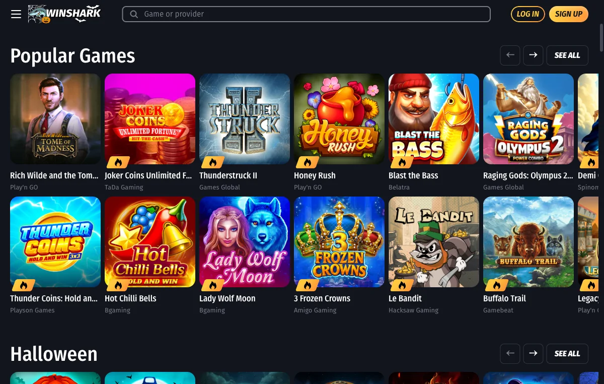 WinShark Casino slots lobby for Canada with the Popular Games grid and studio names under each tile